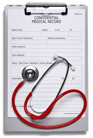 Gray clipboard with medical patient forms and red stethoscope