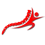 red logo with graphic depiction of person and spine 