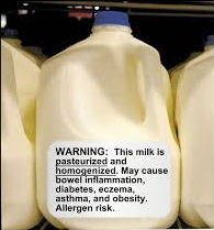 Plastic milk container with warning label on it