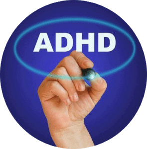 The word ADHD on blue backround being circled with a blue marker being held by a hand
