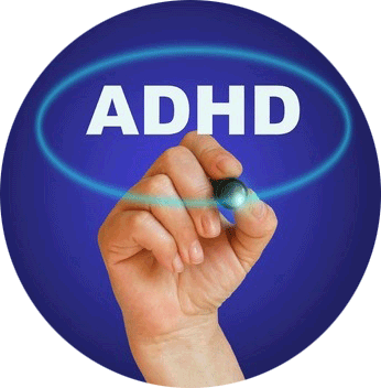 The word ADHD on blue backround being circled with a blue marker being held by a hand