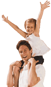 Happy man with elated child on his shoulders with her arms up in the air
