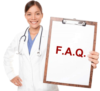 Female doctor's assistant in lab coat holding up the clipboard with the letters F A Q