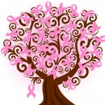 Drawing of a tree with pink breast cancer awareness bows instead of leaves