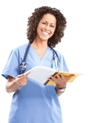 Staff member at Cherubino Health Center holding report folder and smiling