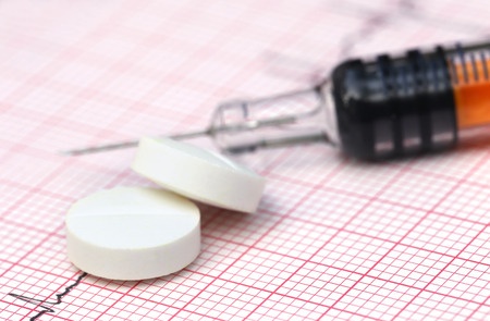 Photograph of pills with syringe in the background representing unsuccessful migraine headache treatment