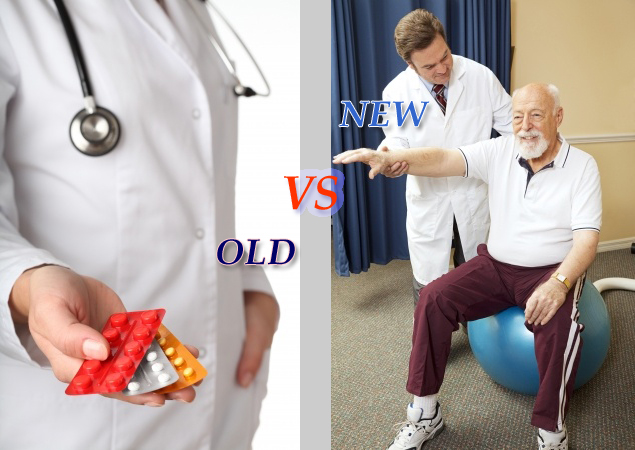 Photograph with a medical Doctor in lab coat with stethoscope around neck holding pill packs in his right hand with the photo of an older gentleman with the young holistic physician