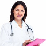 woman doctor in white lab coat pink ipad 2