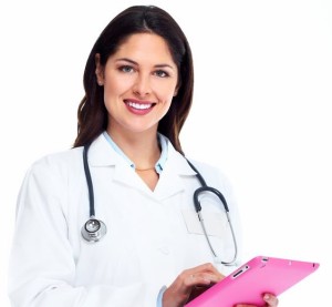 woman doctor in white lab coat pink ipad 2