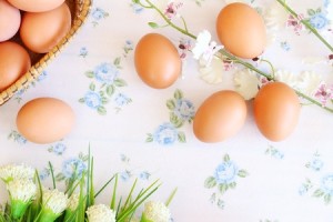 Brown eggs on a white and blue tablecloth to represent foods containing cholesterol