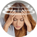 Women suffering from vertigo holding her head