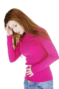 Woman in bright pink sweater holding her stomach as she experiences digestive disorders
