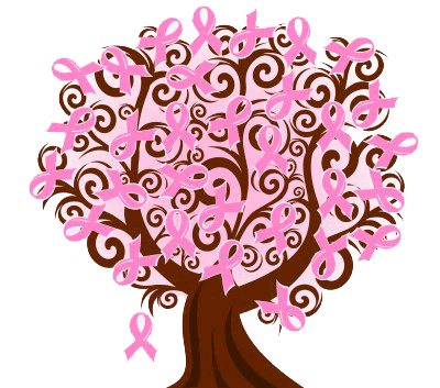 Drawing of a tree with pink breast cancer awareness bows instead of leaves