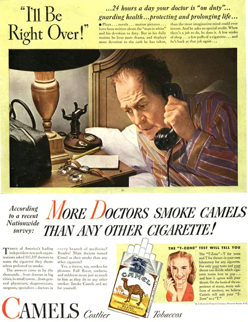 Vintage ad showing a doctor who recommends camels cigarettes